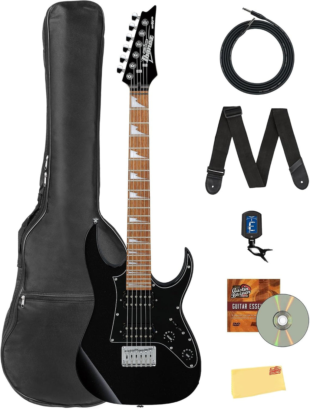 Ibanez GRGM21 RG Gio miKro Short-Scale Electric Guitar - Black Night Bundle with Gig Bag, Tuner, Strap, Instrument Cable, Austin Bazaar Instructional DVD, and Polishing Cloth