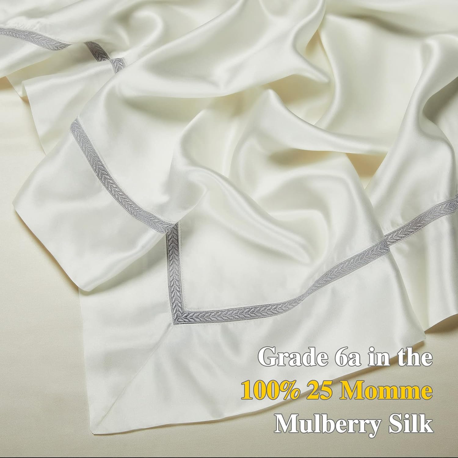 YOUR MOON 100% Mulberry Silk Sheets Set Queen Size 4 Pcs, 25 Momme Mulberry Silk Bed Sheets, Ultra Soft Luxury Bedding Sets, 1 Fitted Sheet, 1 Flat Sheet, 2 Pillow Shams (White)