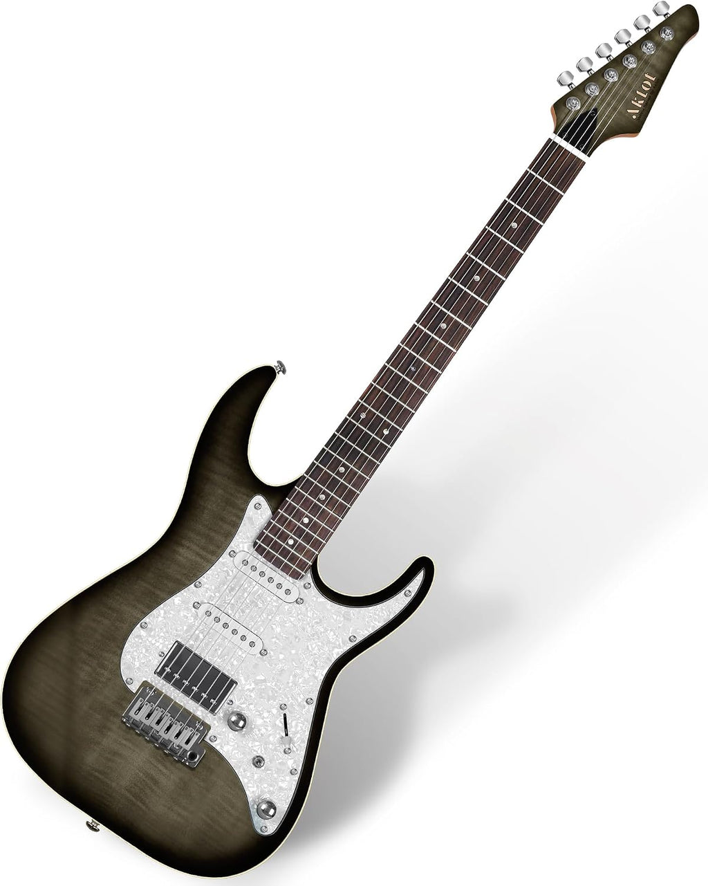 AKLOT Solid Body Electric Guitar - Flame Maple Top, HSS Alnico V Pickups with Coil-Split, Roasted Maple Neck, Locking Tuners, Veltrix Series, Obsidian Black