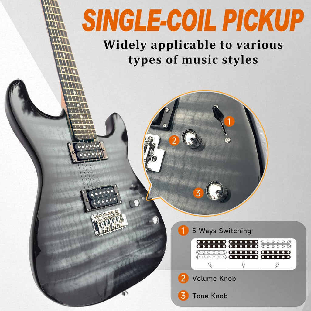 39' Full Size ST Style Electric Guitar Starter Kit with HH Pickup, 20W Portable Amp, Tuner, Gig Bag, Strap & Accessories (Black Flame)
