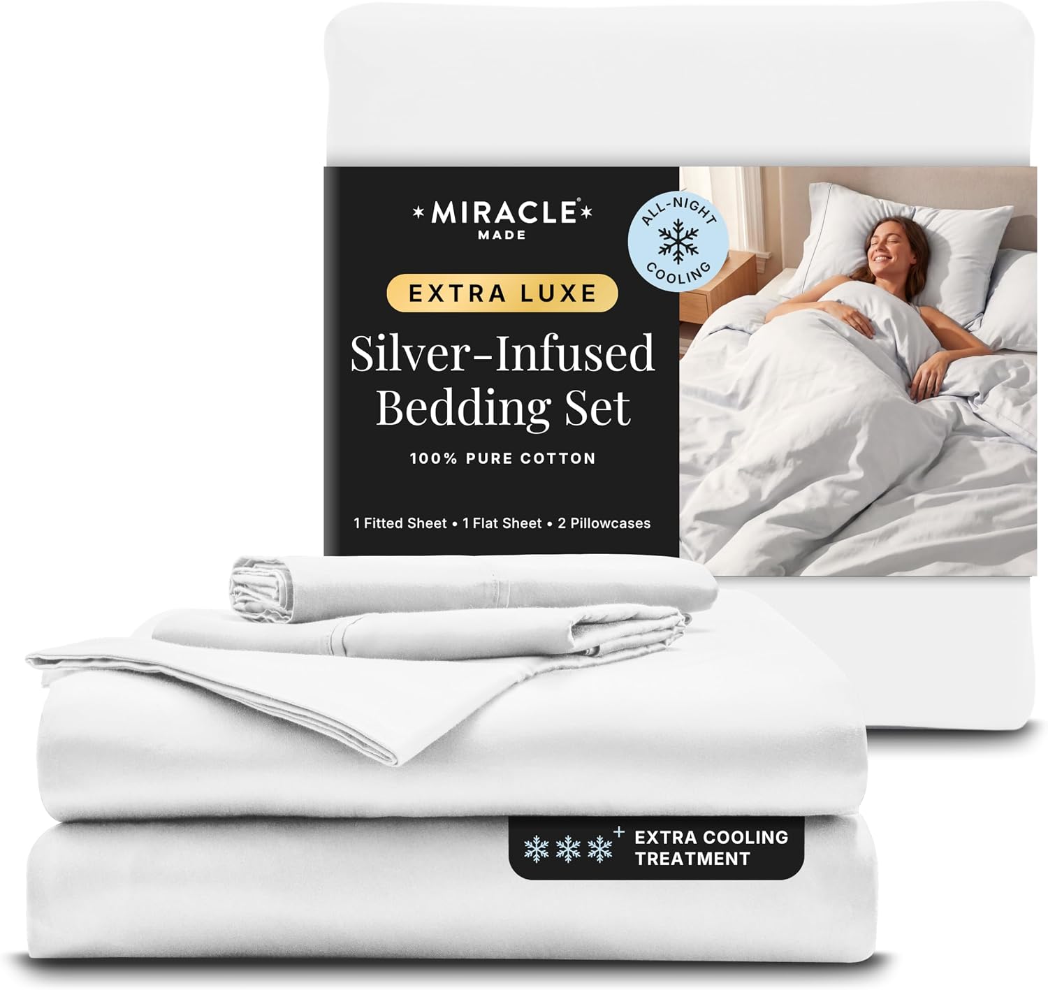Miracle Made Extra Luxe Soft, Cool-to-the-Touch Cotton Bed Sheet Set, 4-Piece – Silver-Treated, Breathable, Lightweight Bedding – Full Size, White