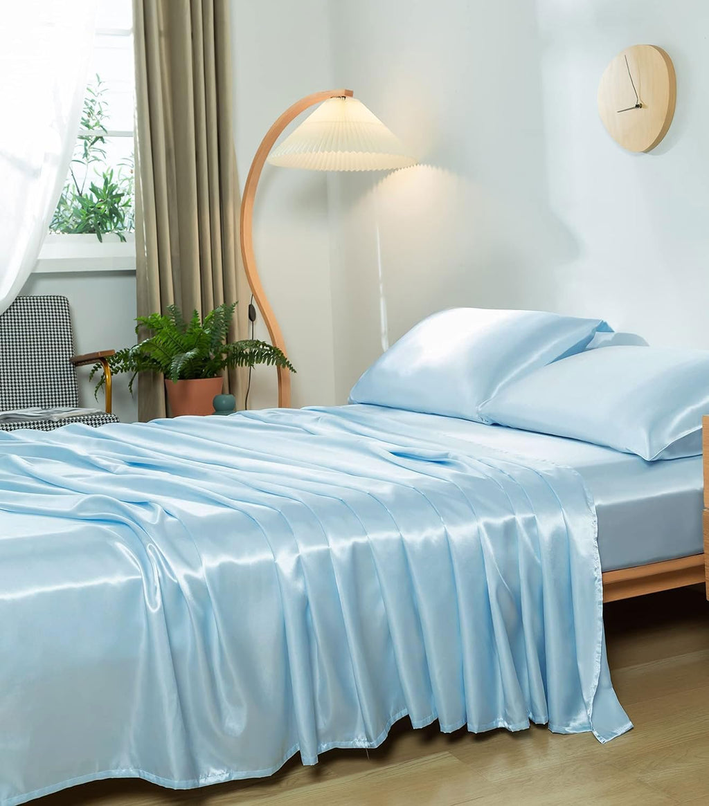 22 Momme 100% Mulberry Silk Bedding Set - 4-Piece Luxury Queen Size (2 Pillowcases, 1 Fitted Sheet, 1 Flat Sheet) - Fits 14-16' Deep Pocket (Solid, Light Blue)