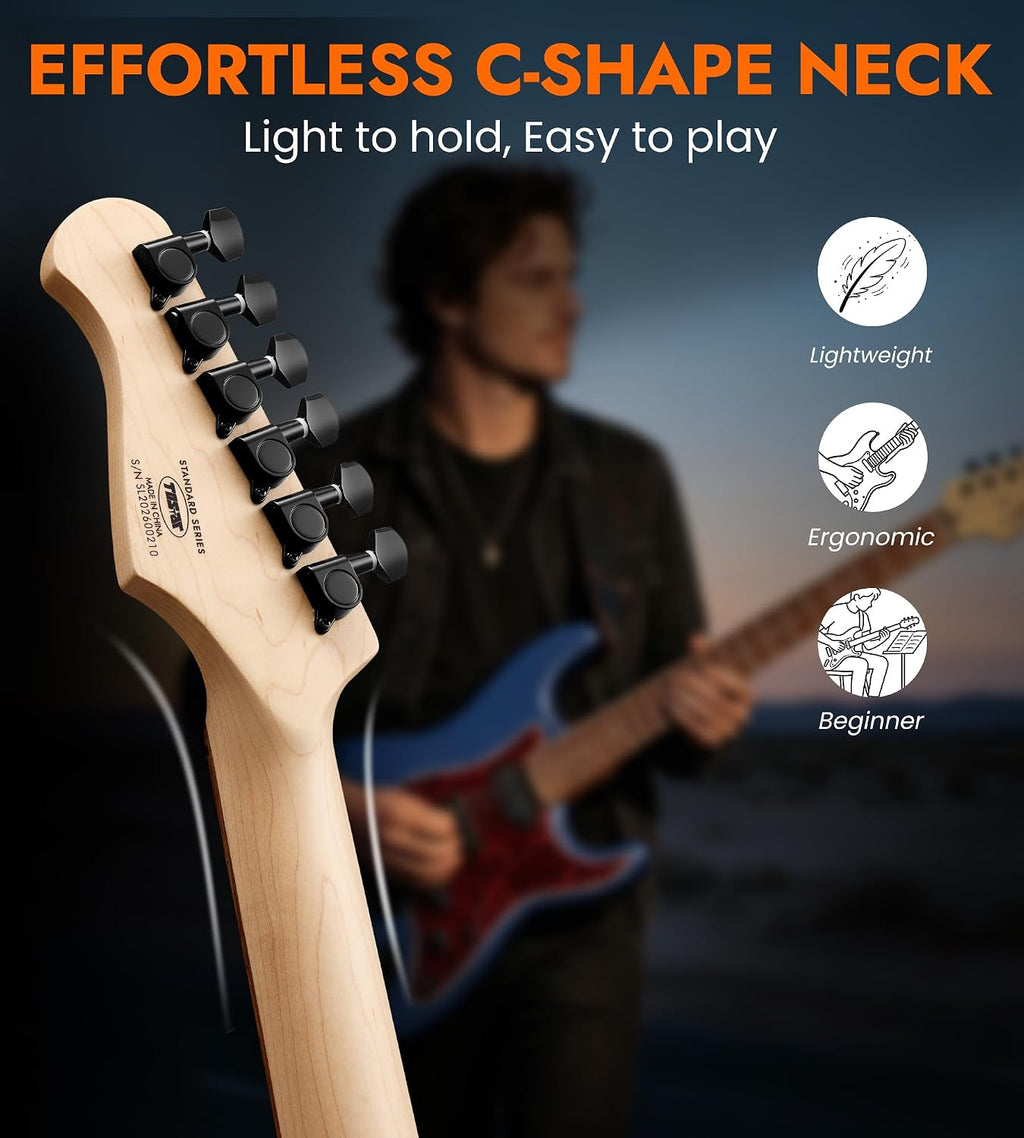 Tostar Electric Guitar Kit with Amp SSS Pickup Beginner Electric Guitar with Gig Bag,Capo,Tremolo, Strap, Picks Stratocaster 39' Full Size Electric Guitars Heavy Metal 6 String for Gifts Satin Blue