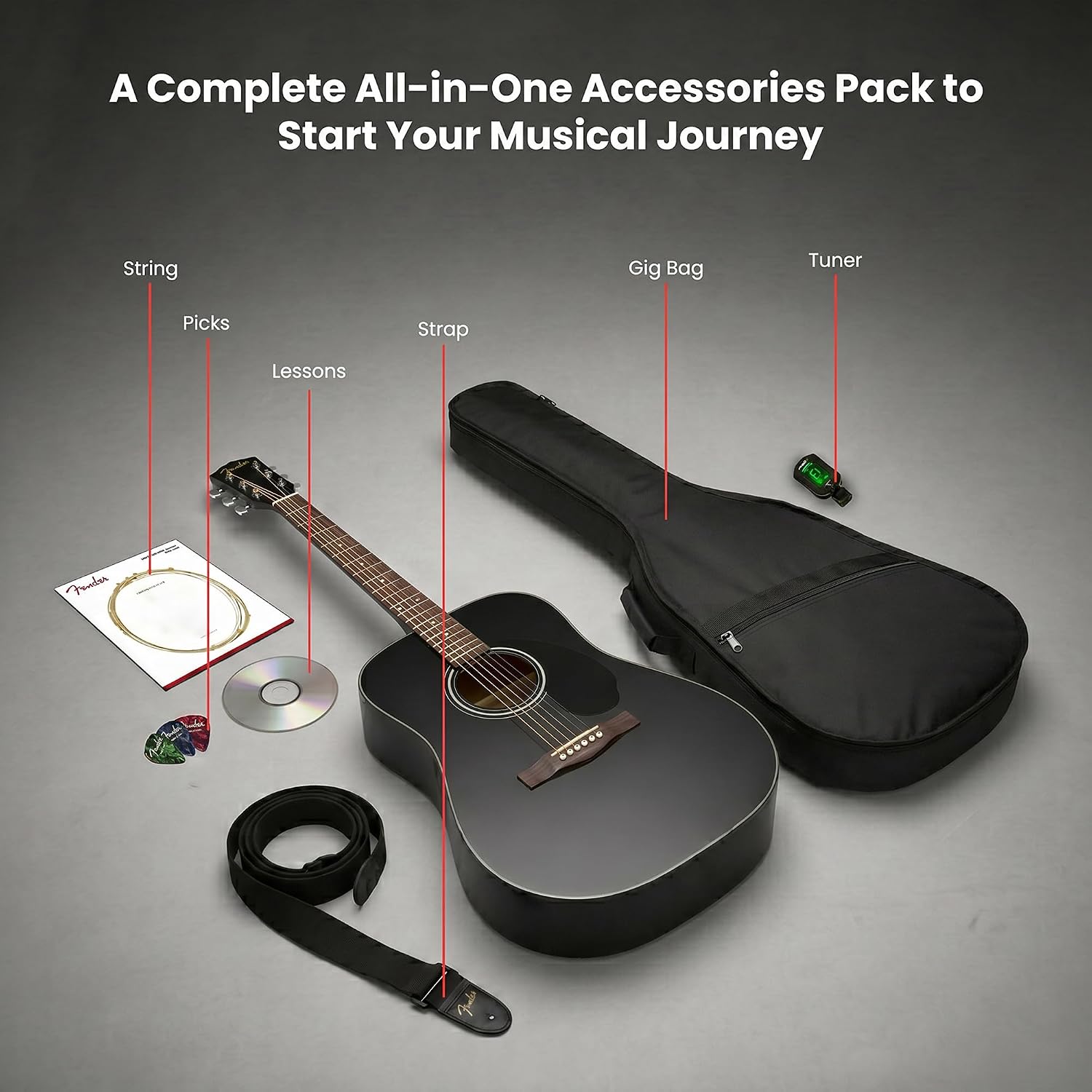 Fender CD-60S Solid Top Dreadnought Acoustic Guitar - Black Bundle with Gig Bag, Tuner, Strap, Strings, Picks, and Austin Bazaar Instructional DVD
