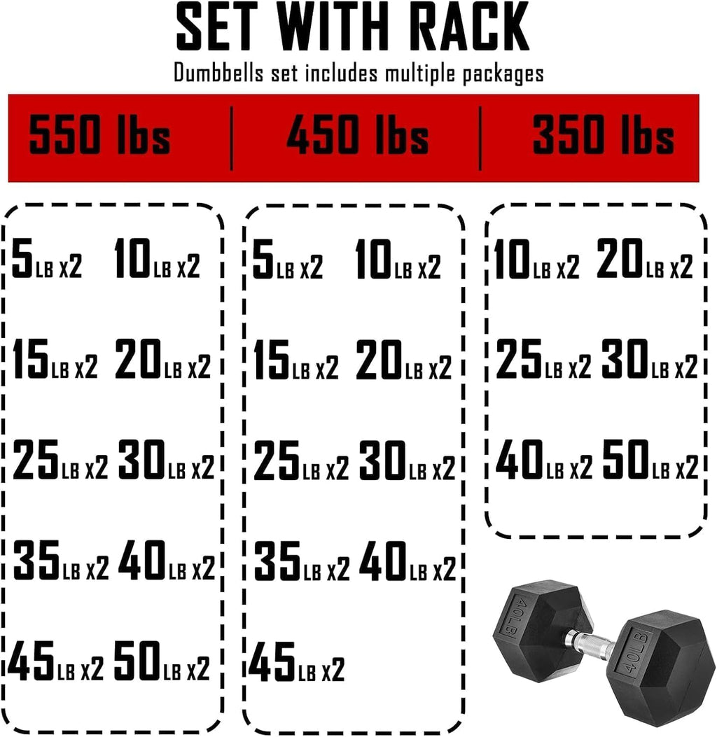 6-10 Pair Iron and Rubber Coated Dumbbell Set 350/450/550 lbs 5-50 lbs Hand Free Weight for Strength Hex Rubber Weights with Vertical Storage Rack Fitness Home Gym Equipment