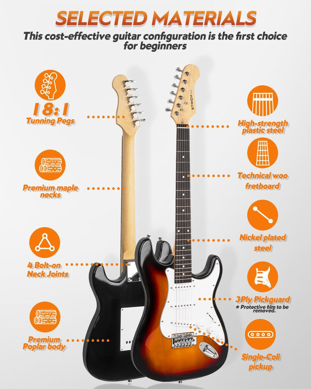 STRICH Electric Guitar Beginner Kit, Solid Body 39' Full Size Electric Guitar SSS Pick Up for Starter, with 5W x 2 Amp, Bag, Digital Tuner, Capo, Strap, String,Cable, Picks, SST-S10 Sunburst