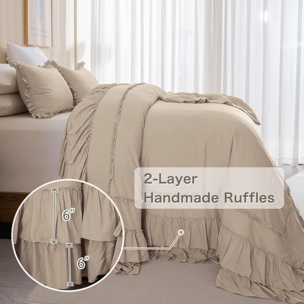 Masaca Ruffled Oversized King Comforter 120x98,Farmhouse Shabby Boho Chic Ruffle California King Comforter Set 3 Pieces French Country Vintage Rustic Bedding for All Season