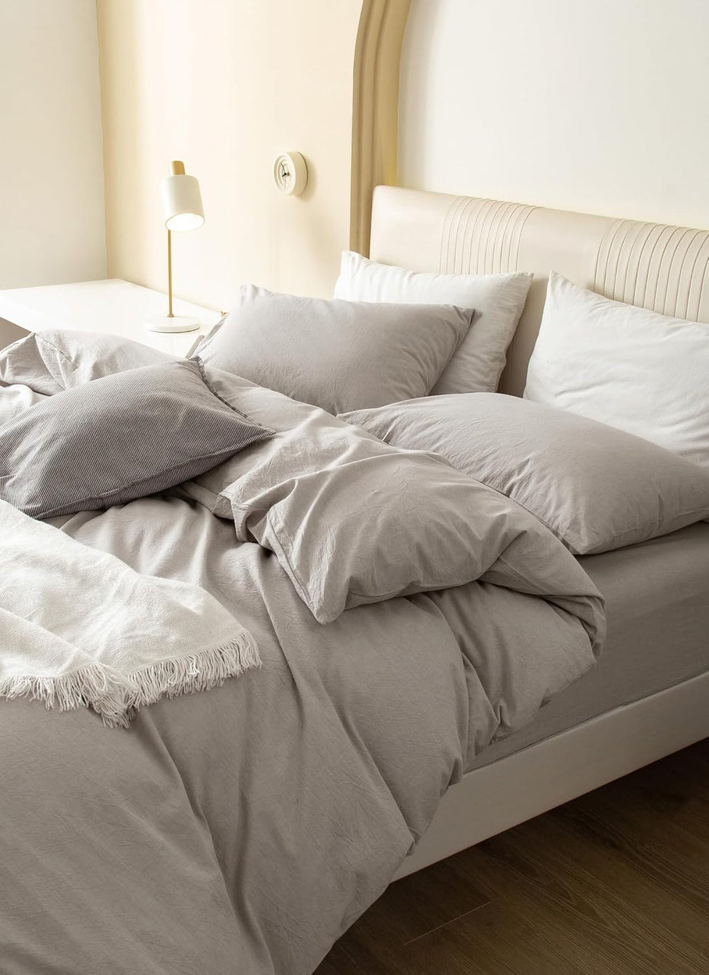 JIYUAN Alaska King Duvet Cover Set, 3-Piece - 100% Washed Cotton, Linen-Like Soft & Breathable with Zipper Closure, Includes 132x120 Inch Cover & 2 Pillowcases, Heathered Cream Grey