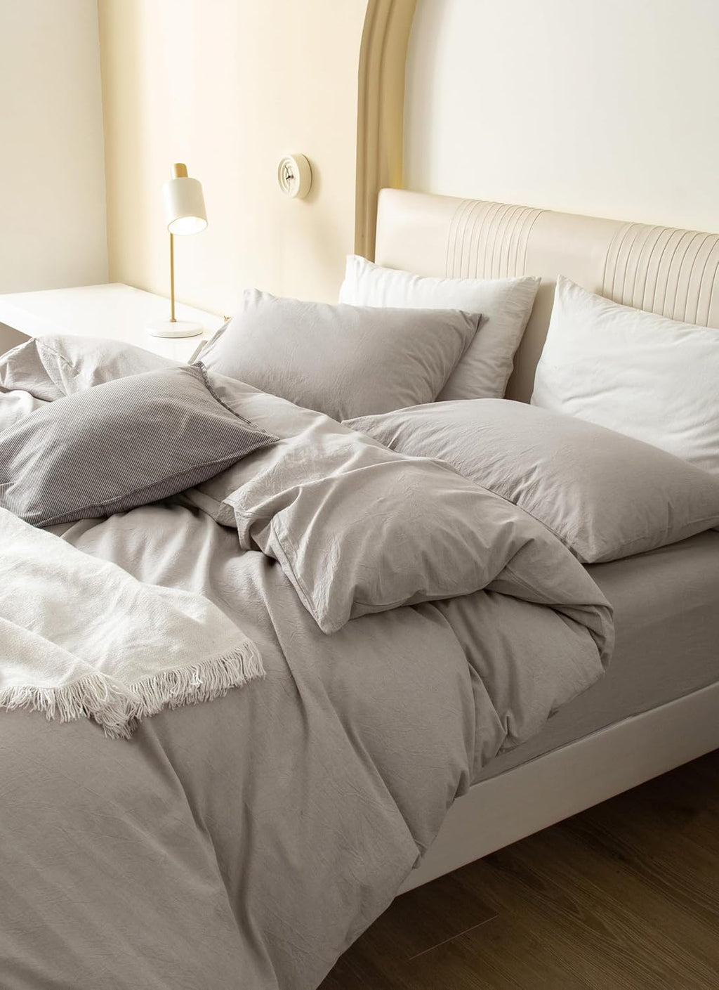 JIYUAN Super King Plus Duvet Cover Set, 3-Piece - 100% Washed Cotton, Linen-Like Soft & Breathable with Zipper Closure, Includes 120x120 Inch Cover & 2 Pillowcases, Heathered Cream Grey