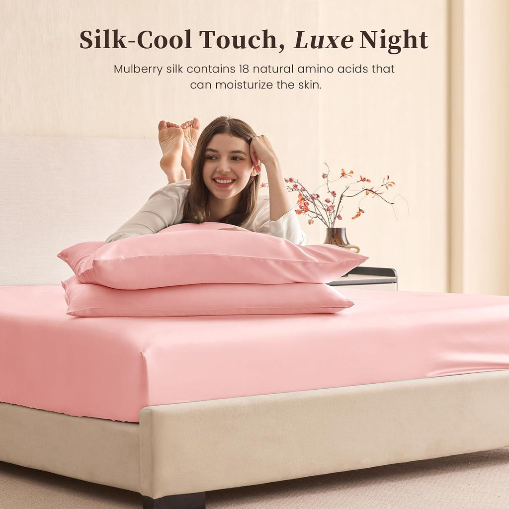 THXSILK 6A+ Top Grade 100% Pure Mulberry Silk King Fitted Sheet 3Pcs Set Bed Sheets Luxury Bedding for Hair and Skin Healthy Natural Materials, 1 Fitted Sheet with 2 Pillowcases, Charming Pink