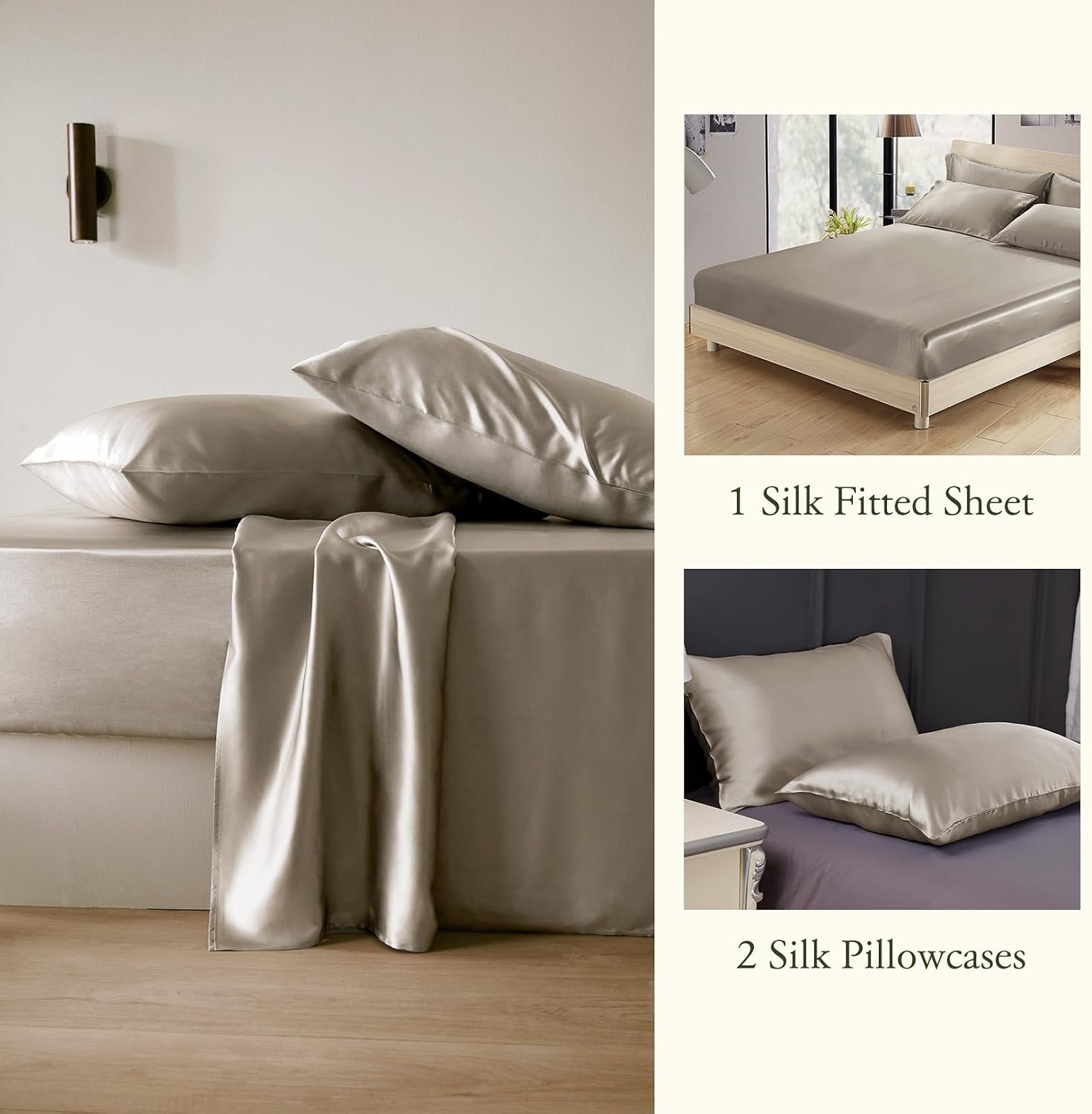 LilySilk 3PC Mulberry Silk Fitted Sheets Set, 6A Grade, 2 Pillowcases, 1 Fitted Sheet, 16 Inch Deep Pocket, 19 Momme, Silvergray, Full Size