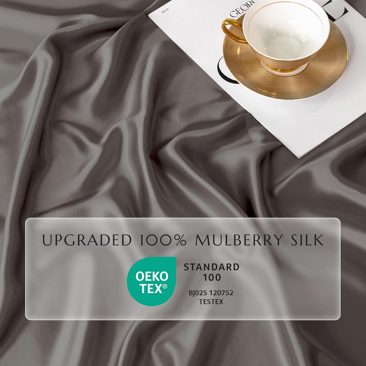 THXSILK 100% Mulberry Silk Fitted Sheet Set, 7A+ Silk 3 Pieces Bed Sheets, Breathable, Smooth, 16 Inch Deep Pocket Fitted Sheet, 2 Pillowcases - Charcoal, Full