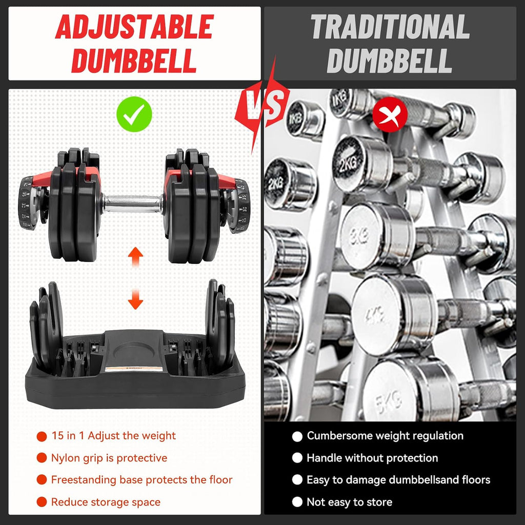 Adjustable Dumbbell Set, 2-in-1 Weights with Anti-Slip Handle, Fast Weight Adjustment for Home Gym, Strength Training, Single/Pair with Tray