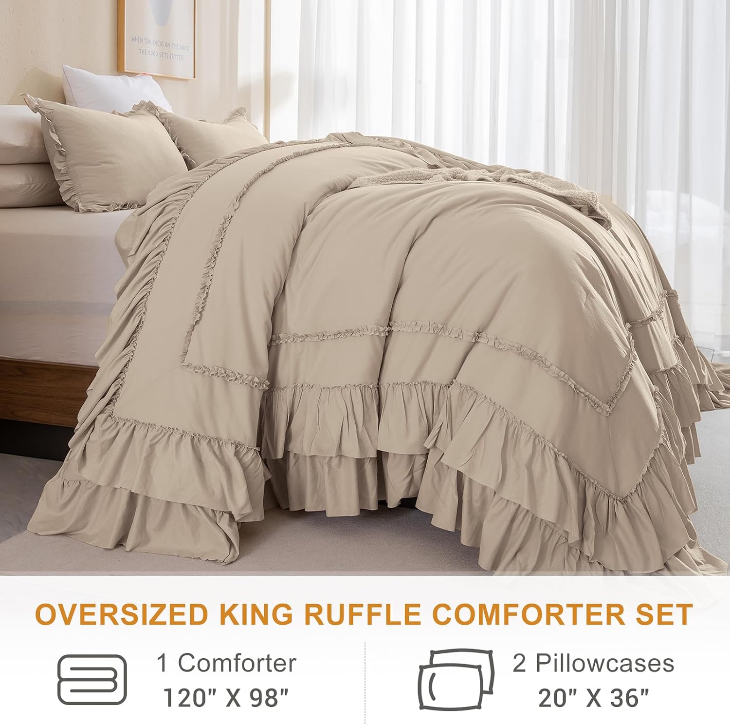 Masaca Ruffled Oversized King Comforter 120x98,Farmhouse Shabby Boho Chic Ruffle California King Comforter Set 3 Pieces French Country Vintage Rustic Bedding for All Season