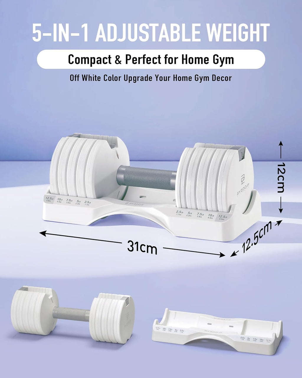 BYZOOM FITNESS 12.5LB Adjustable Dumbbell with Dumbbell Stand Bundle Set, White