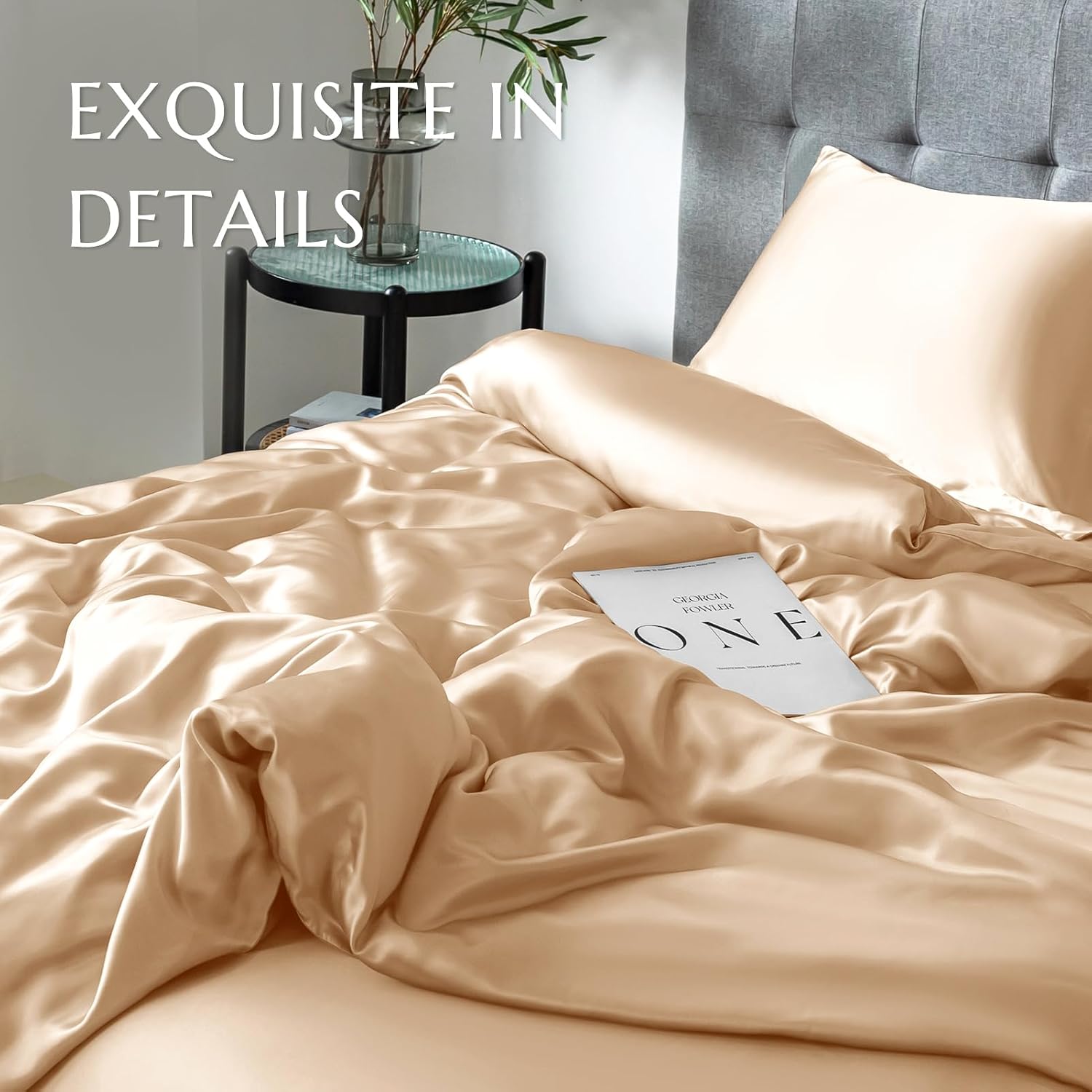 THXSILK Silk Duvet Cover, 100% 7A+ Mulberry Silk Comforter Cover, Seamless, Breathable, Easy Care Zipper Closure, 1 Duvet Cover Only - Queen, Champagne