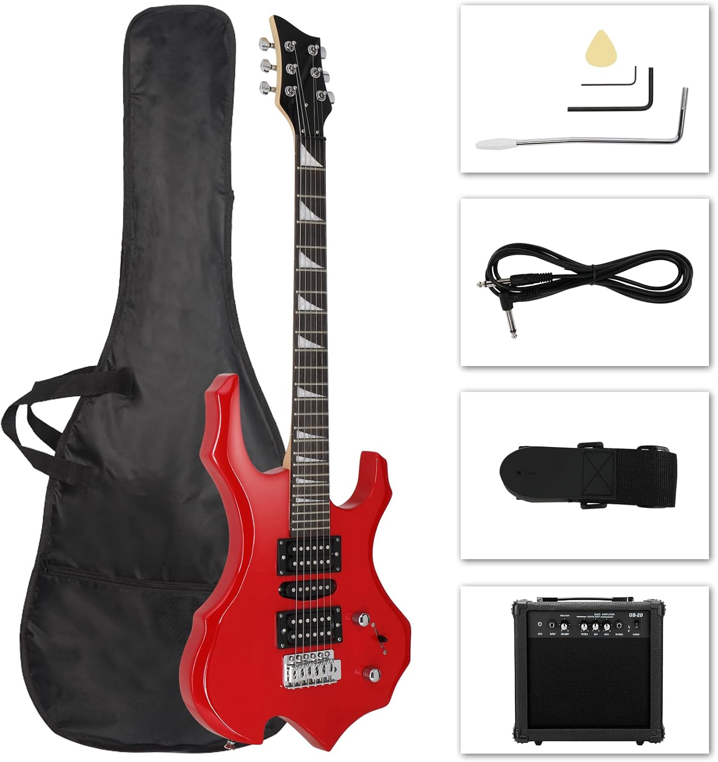 Ktaxon Burning Fire Design Electric Guitar Kit, 36-inch HSH Pickup Electric Guitar Beginner Guitar Set with Amplifier, Rosewood Fingerboard, 5-Ways Pickup Switch (Red)