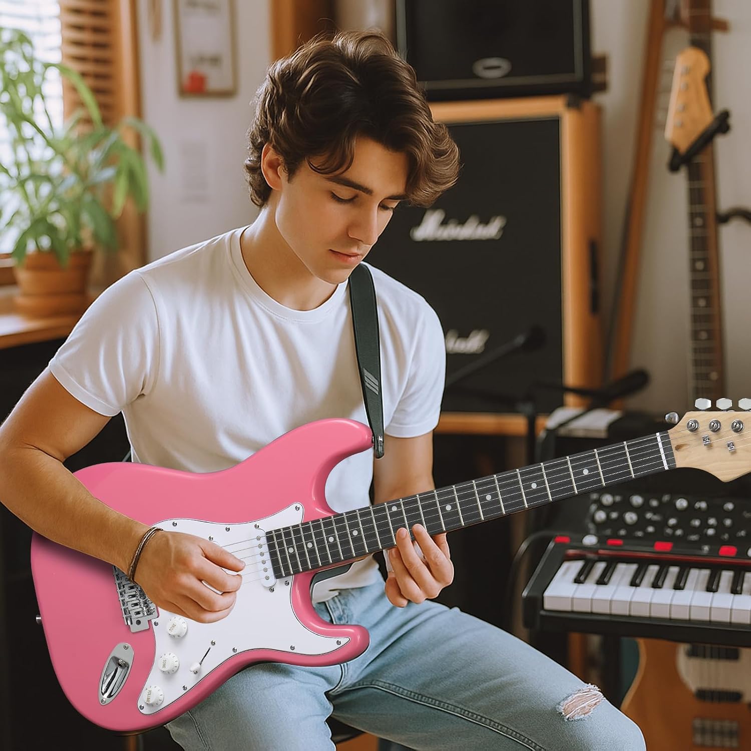 Ktaxon 39 Inch Electric Guitar Kit for Beginner, HSS Pickups 6 String Solid-Body Full Size Adults Electric Guitars W/Amplifier, Bag, Strap, Cable, Accessories - Rose Pink