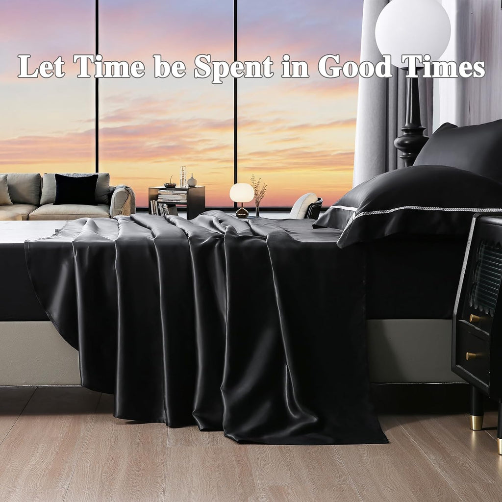 YOUR MOON 100% Mulberry Silk Sheets Set King Size 4 Pcs, 25 Momme Mulberry Silk Bed Sheets, Ultra Soft Luxury Bedding Sets, 1 Fitted Sheet, 1 Flat Sheet, 2 Pillow Shams (Black)