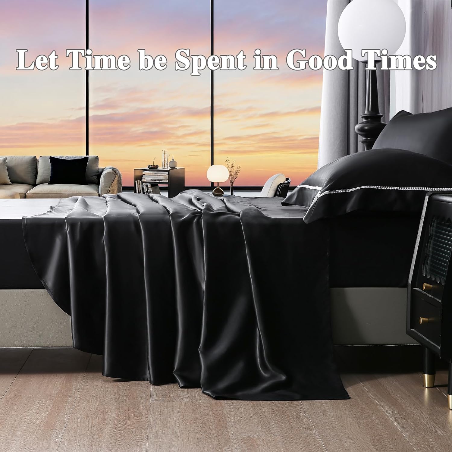 YOUR MOON 100% Mulberry Silk Sheets Set King Size 4 Pcs, 25 Momme Mulberry Silk Bed Sheets, Ultra Soft Luxury Bedding Sets, 1 Fitted Sheet, 1 Flat Sheet, 2 Pillow Shams (Black)