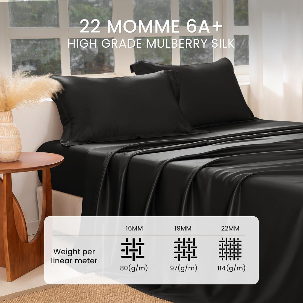 THXSILK Silk Sheet Set 4 Pcs, King Size Sheet Set, 22 Momme 7A+ Silk Sheets, Soft and Breathable Bed Sheets with 1 Flat Sheet, 1 Fitted Sheet, 2 Pillow Shams, Black