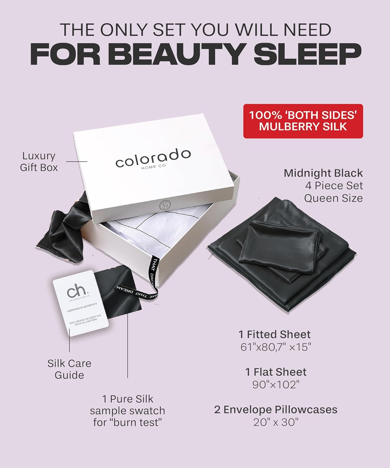 Colorado Home Co SUNDAYSILKS™ | 100% Mulberry Silk Bed Sheets | 4PC Natural Mulberry Silk Bedding Set | Soft & Durable | Grade 6A Organic Real Silk Sheets Set [Midnight Black]