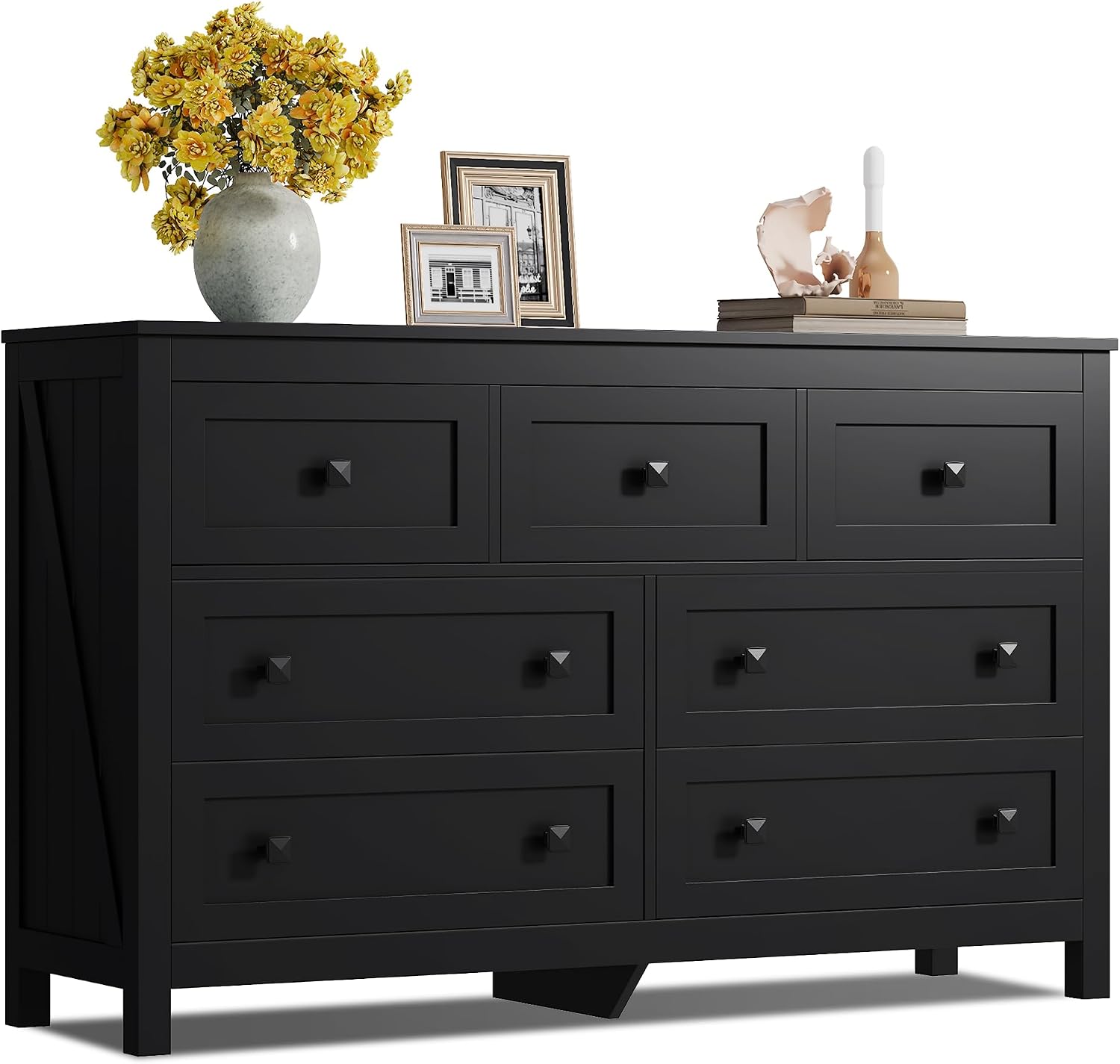 WLIVE Farmhouse Dresser for Bedroom, 51.18'' Wide 7 Drawer Wood Dresser, Black TV Stand for 65 inch TV, Wooden Chest of Drawers for Bedroom, Modern Clothes Organizer for Living Room, Hallway
