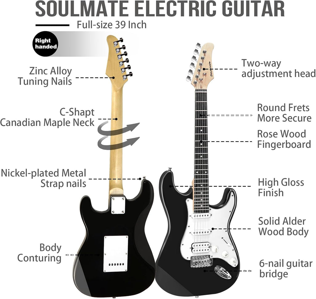 Soulmate Electric Guitar Kit for Beginner 39 Inch Full Size HSS Pick Up Right Handed Starter Solid Body Electric Guitar, with Amplifier, Bag, Capo, Strap, String,Cable, Picks, Black