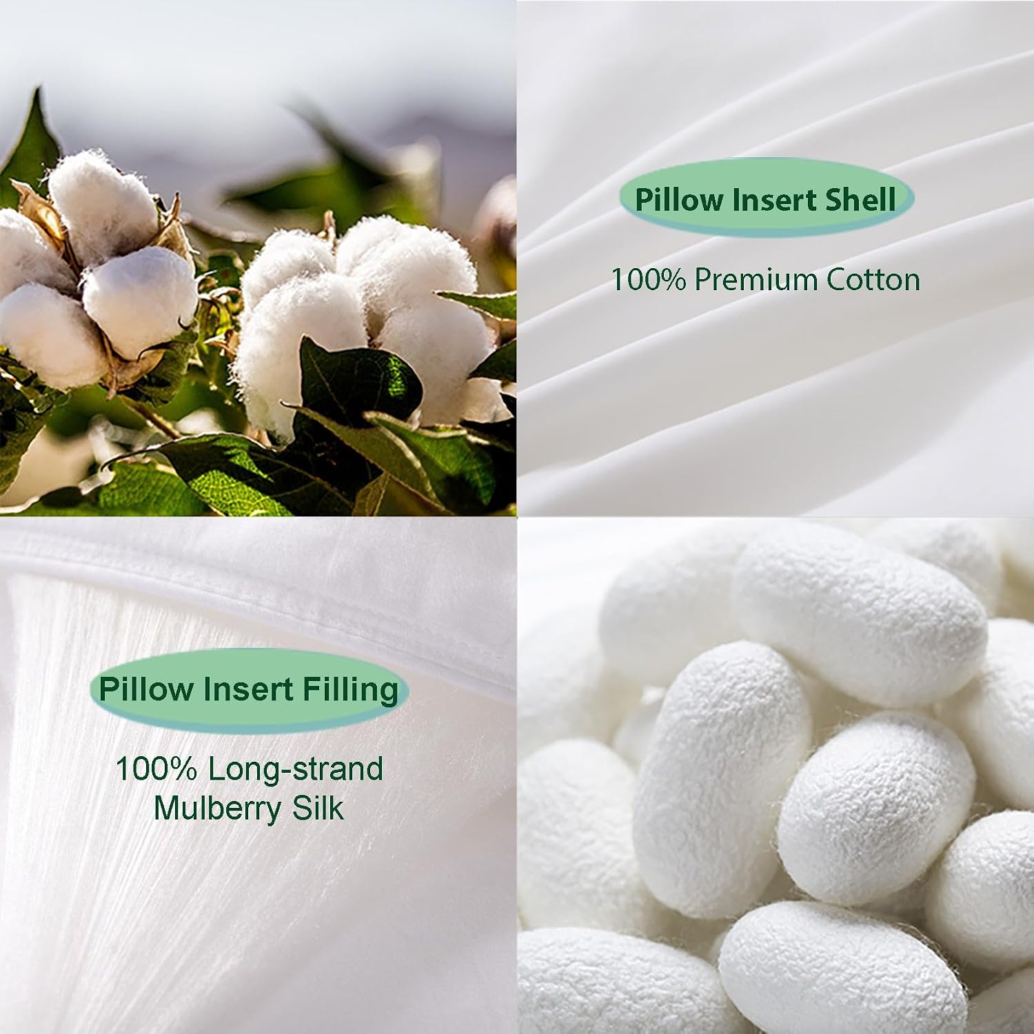 THE COTTON & SILK 100% Mulberry Silk Filled Pillow Insert – Queen Size, Ultra-Soft, Breathable, Hypoallergenic, Luxury Plush Support for Better Sleep