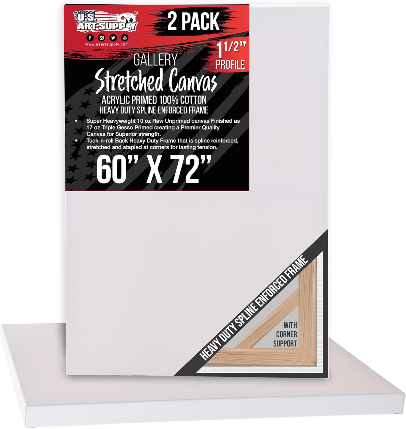 U.S. Art Supply Rectangle Stretched Canvas for Painting 60x72 inch Gallery Depth 1-1/2' Thick, 2-Pack - 17oz Acrylic Gesso Triple Primed, Professional Artist Quality, 100% Cotton - Oil, Pouring Paint
