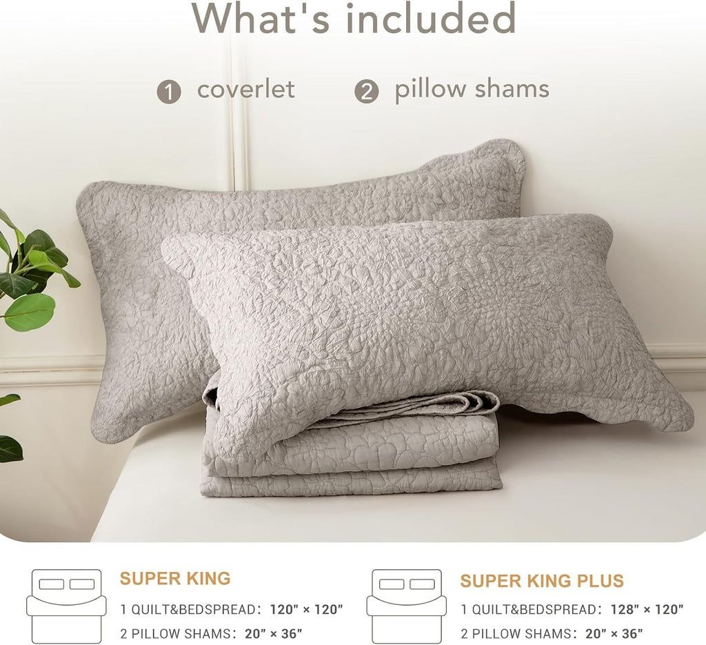 Lady Ann Oversized King 120x120 Quilt Set, 3 Pcs Stone-Washed Crinkled Linen Feel Cal King Size Bedspread Set, Crinkled Scalloped Edge Coverlet Extra Large Quilted Blanket Farmhouse Rustic Bedding Set