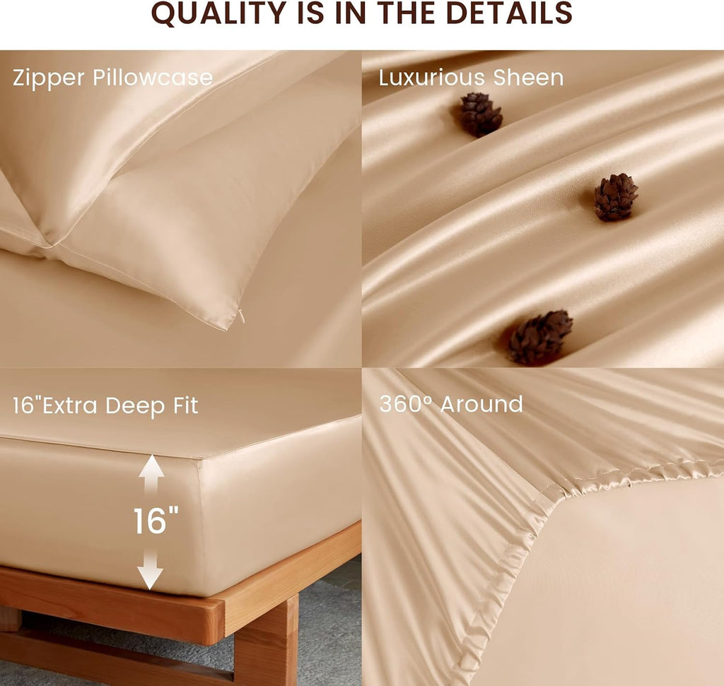 THXSILK Luxury Mulberry Silk Fitted Sheet Set 3 Pcs, King Silk Bed Sheet Set with 16' Deep Pockets, Soft & Cooling Sheets, 1 Fitted Sheet, 2 Pillowcases with Zipper Closure - Champagne