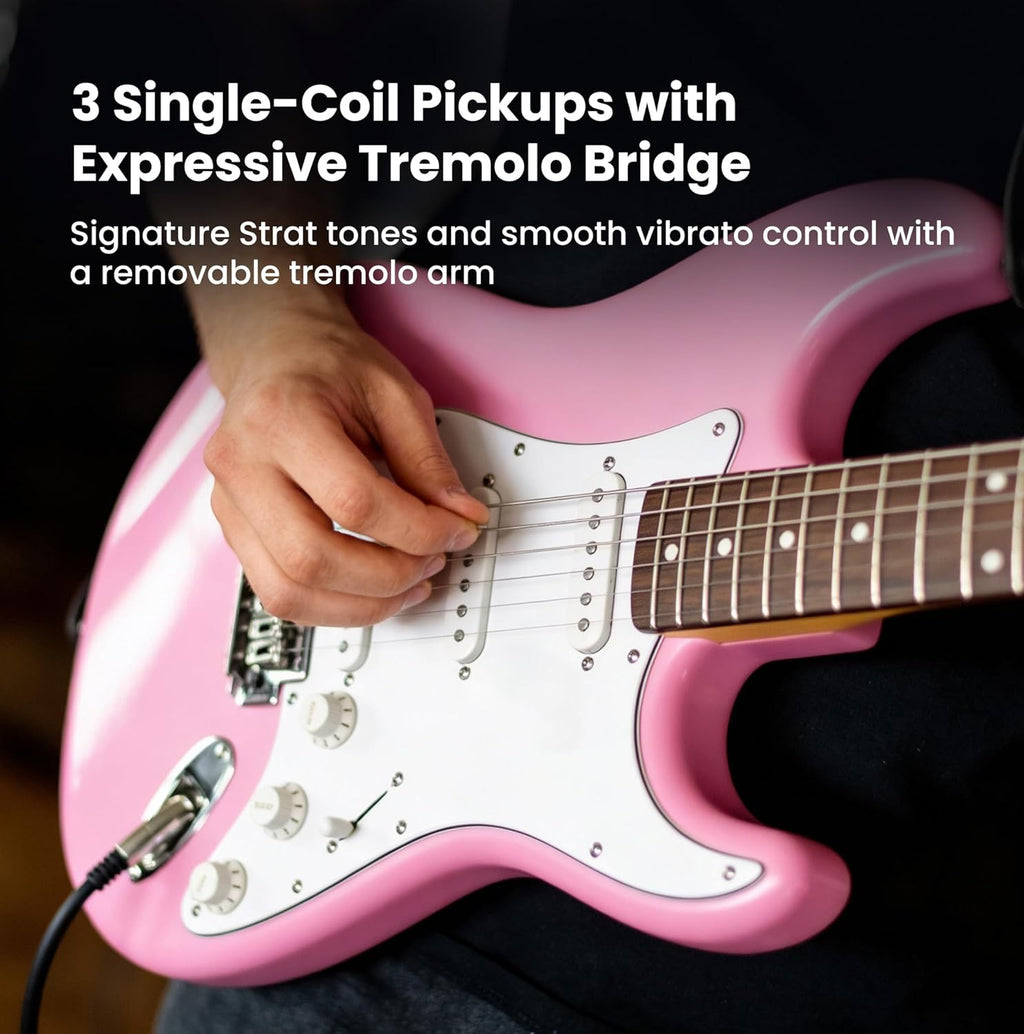 Fender Squier Stratocaster - Flash Pink Bundle with Amplifier, Gig Bag, Instrument Cable, Strap, Picks, and Austin Bazaar Instructional DVD