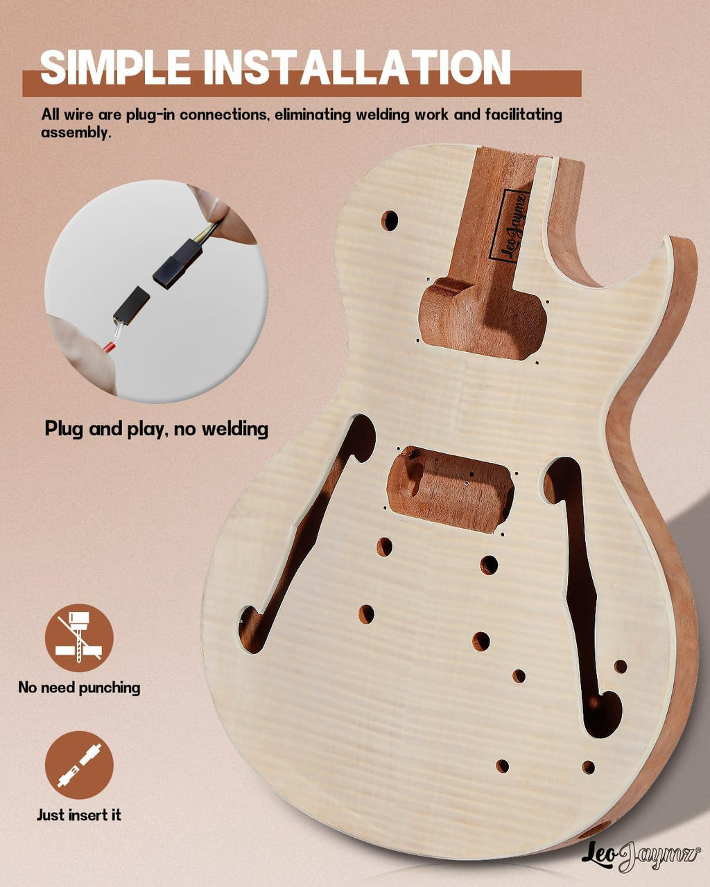 Leo Jaymz DIY Single Cut Electric Guitar Kits with Mahogany Body and Neck - Rosewood Fingerboard and All Components Included (LP Hollow)