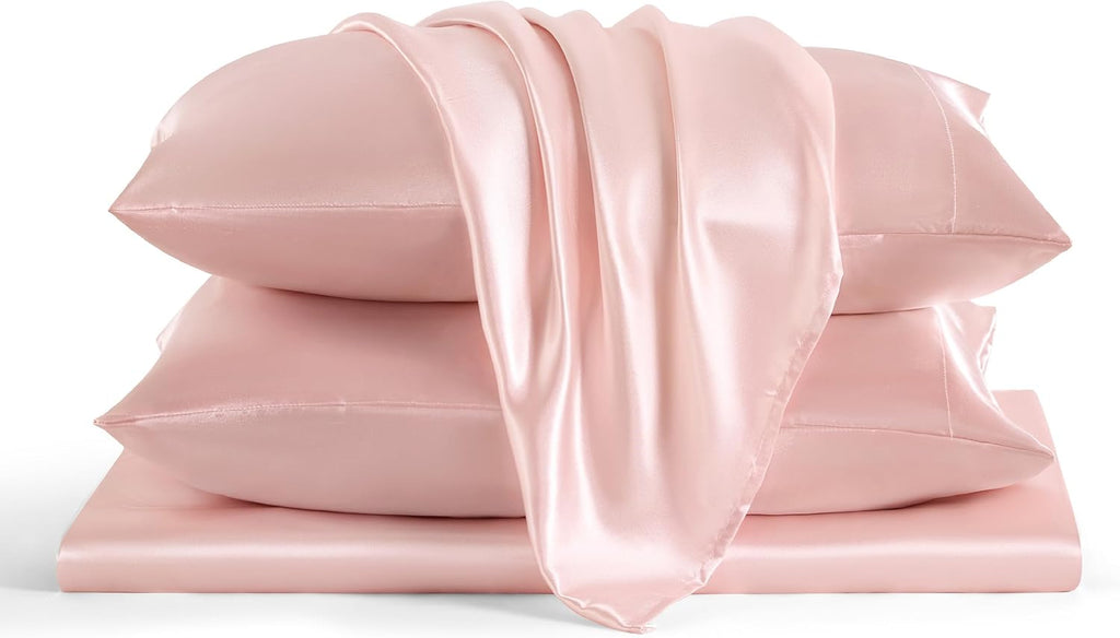 Twin XL Size 4-Piece Sheet Set Premium 30 Momme Mulberry Silk Bed Sheets Set Fits 23-26' Deep Pocket (Solid, Light Pink)