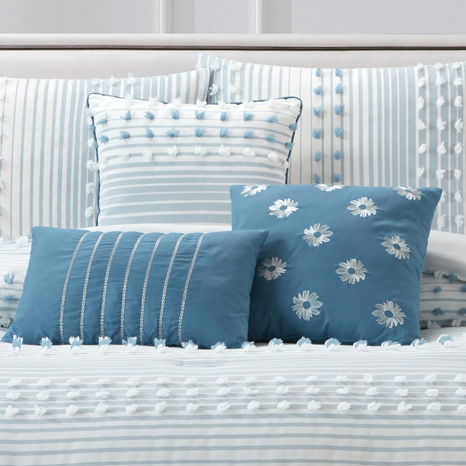 LANCO MODERN LIFESTYLE California King Comforter Set, Azure, Jaquard Clip Striped Design, Elegant Soft 7 Pieces Bedding Set for All Seasons, Matching Bedskirt, Pillow Shams and Decor Pillows