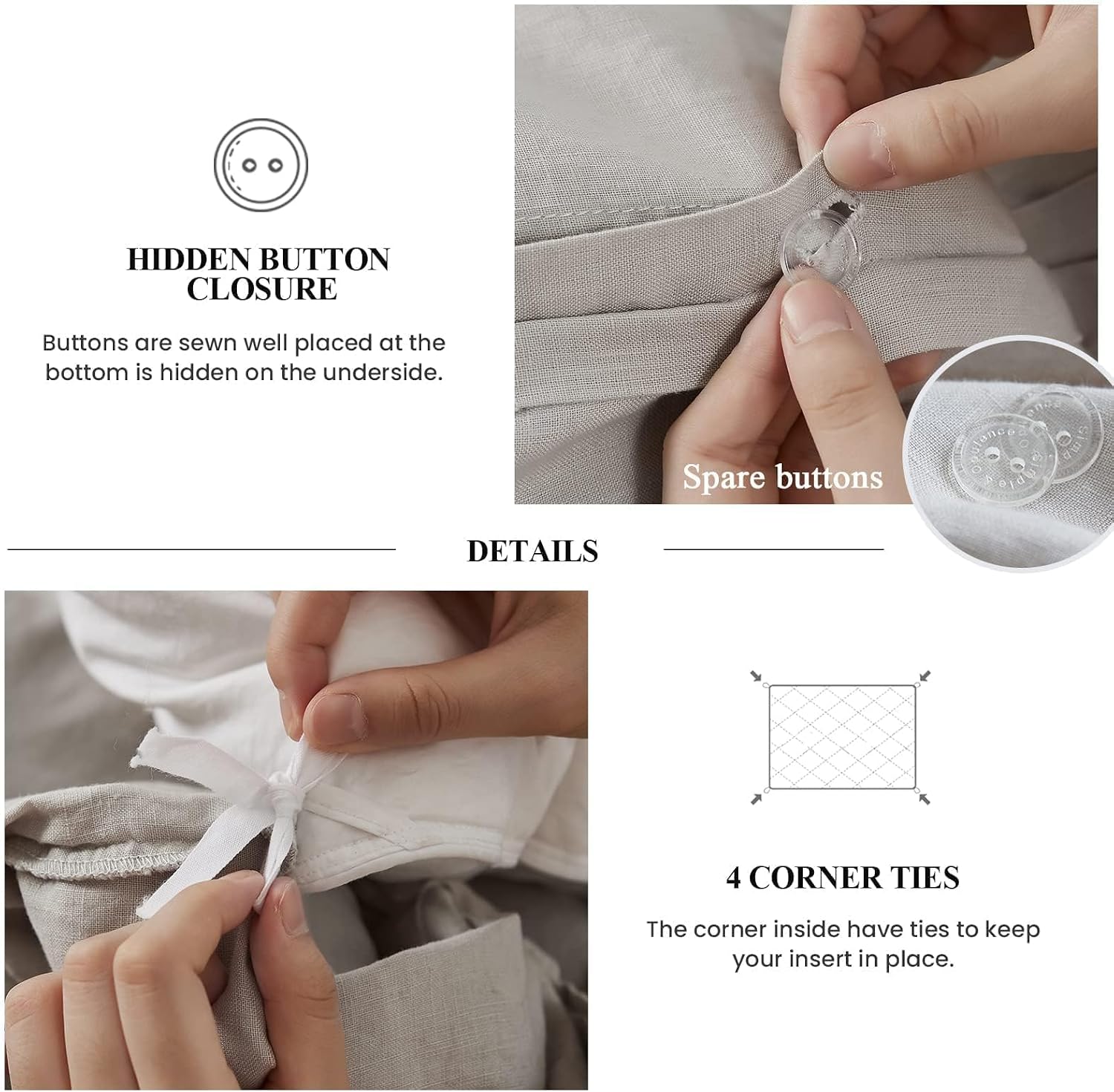 Simple&Opulence 100% Linen Duvet Cover Set, 3 PCS Natural French Flax Light Grey Ruffle Duvet Cover Queen Size, Breathable Comfy Linen Bedding Comforter Cover with 2 Pillowcases(Light Grey, 88' X 92')