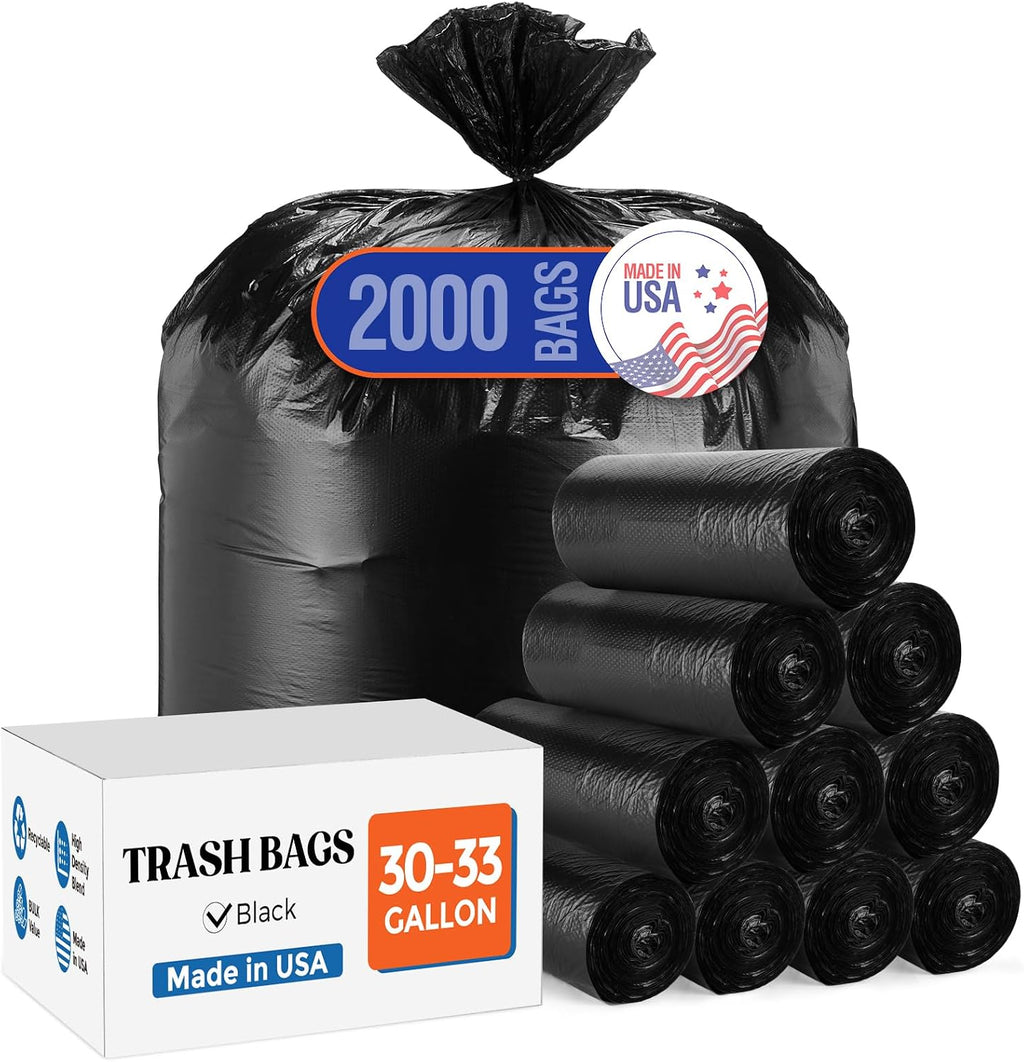 Delxo 30-33 Gallon Trash Bags, 2000 Count – 0.6 Mil Medium Duty Garbage Bags, Durable Plastic Bolsas para basura, Perforated Design– Made in USA for Kitchen, Yard, Office (Black)