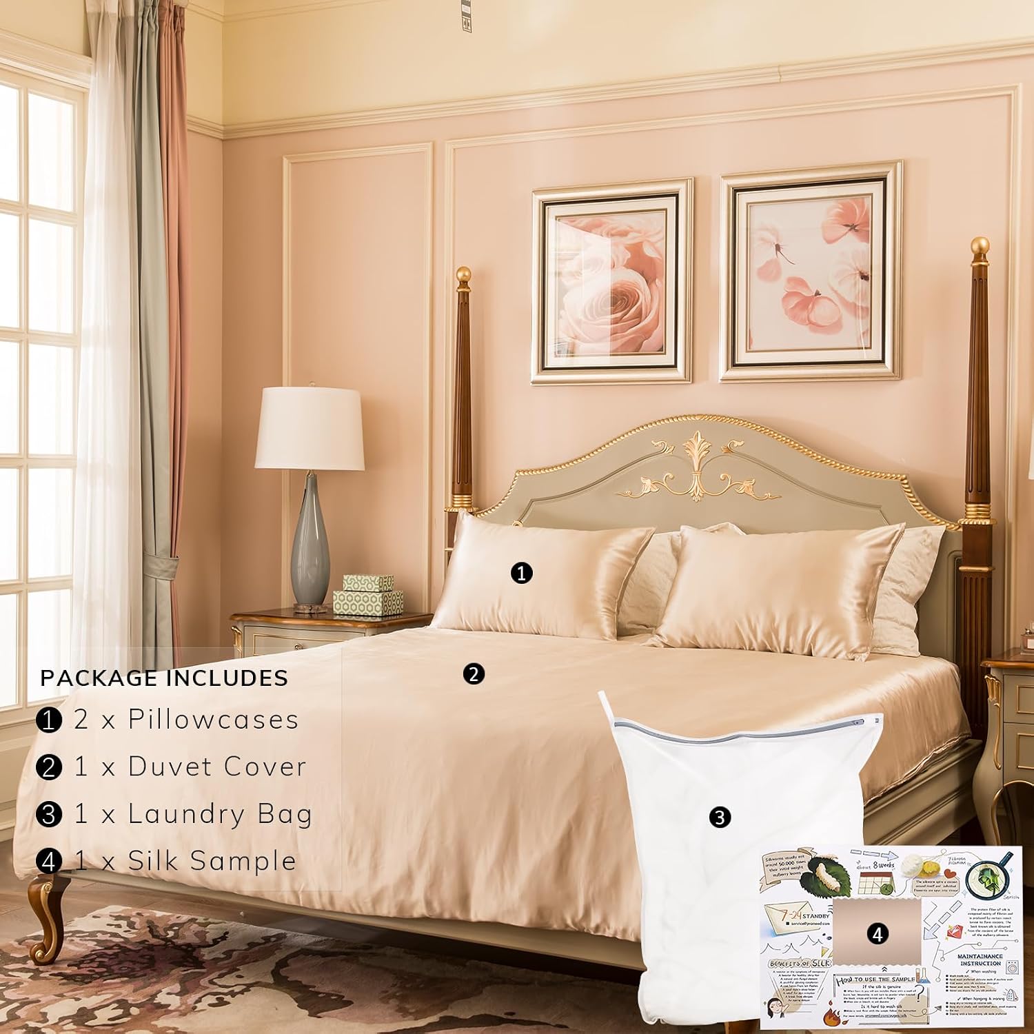 RROMEED 100% Mulberry Silk Duvet Cover Set 3PCS, Real 23 Momme Grade 6A Silk Bedding Set with Duvet Cover and Pillowcases (Champagne, King)