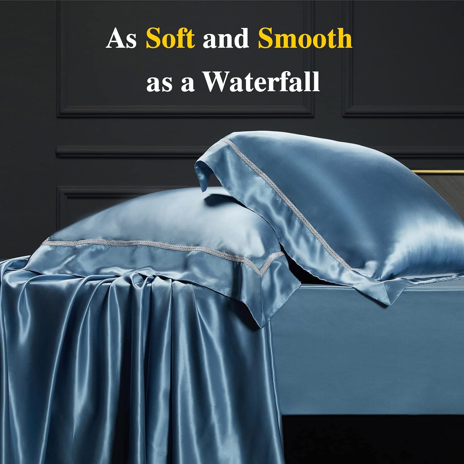 YOUR MOON 100% Mulberry Silk Sheets Set King Size 4 Pcs, 25 Momme Mulberry Silk Bed Sheets, Ultra Soft Luxury Bedding Sets, 1 Fitted Sheet, 1 Flat Sheet, 2 Pillow Shams (Blue Stream)