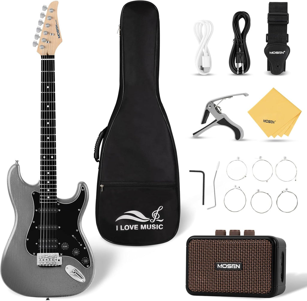 Mosen 39 Inch Electric Guitar with HSS Pickups & Single-Coil Tremolo System - with 5W Amp, Techwood Fingerboard, C-Shaped Satin Neck, All Accessories Included Gig Bag, Tuner, String, Capo, Strap