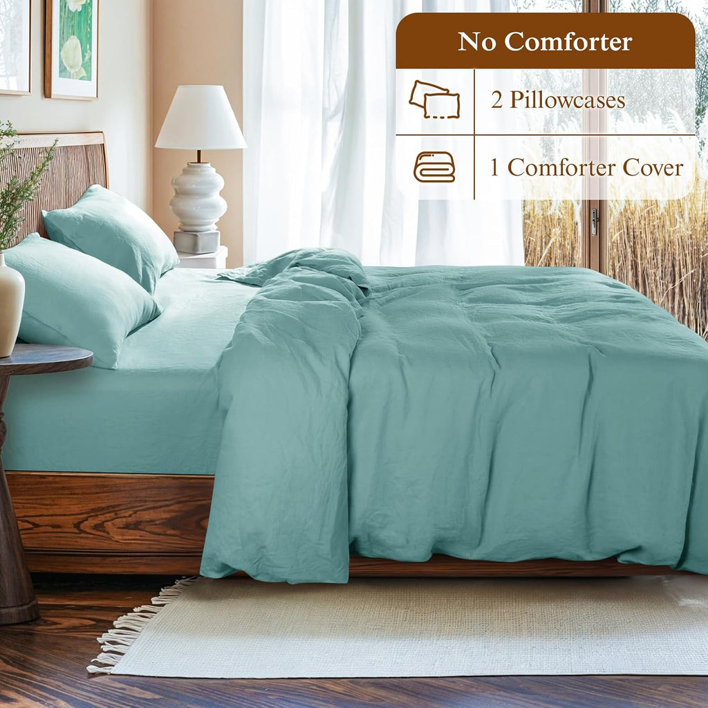 LBRO2M 100% France Linen Duvet Cover Set 3 Pcs Natural Flax Duvet Cover Set 2 Pillowcase 1 Duvet Cover with Zipper (Aqua California King)