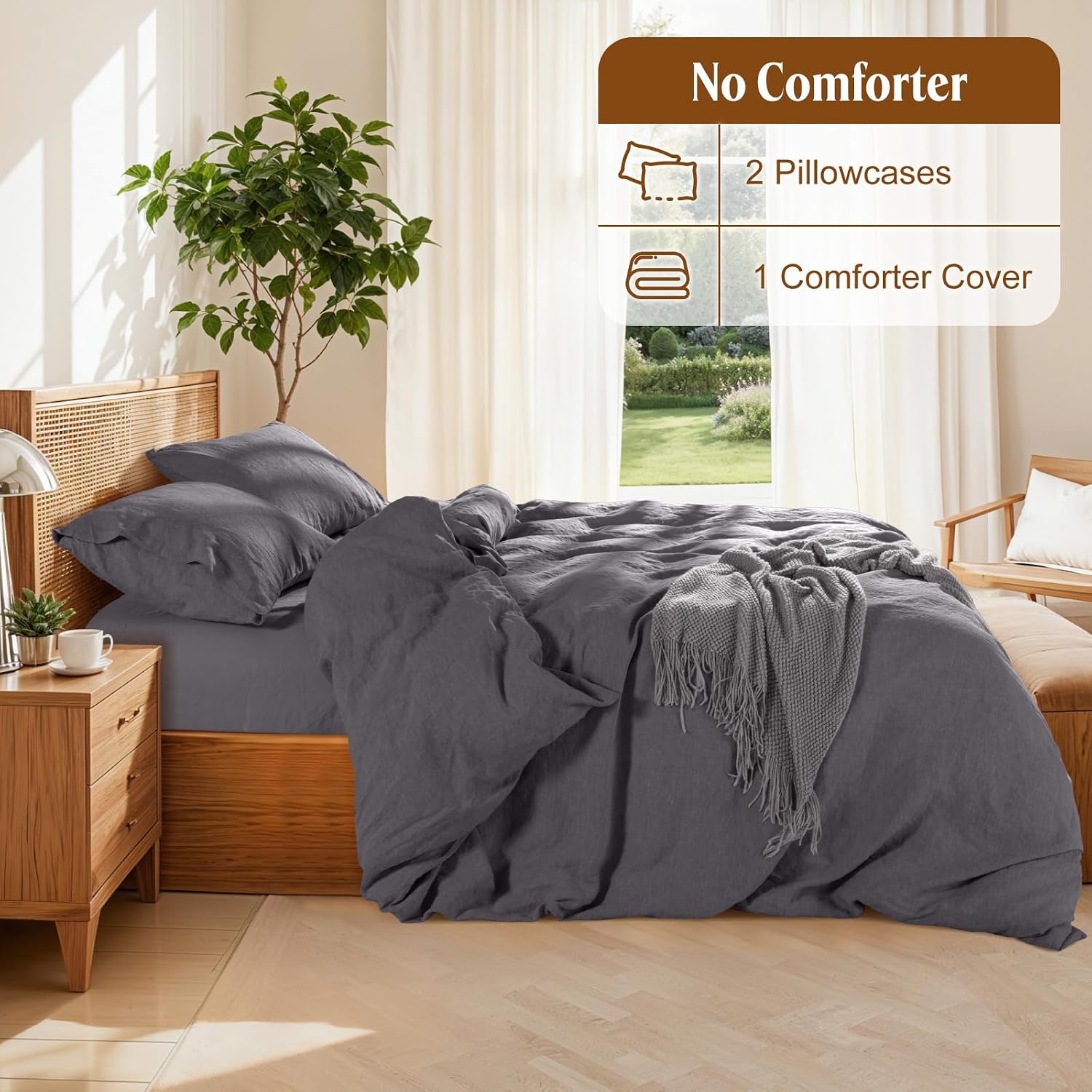 LBRO2M 100% France Linen Duvet Cover Set 3 Pcs Including 1 Flax Comforter Cover with Zipper Closure, 2 Pillowcase, Cozy Duvet Cover California King Size, Dark Gray