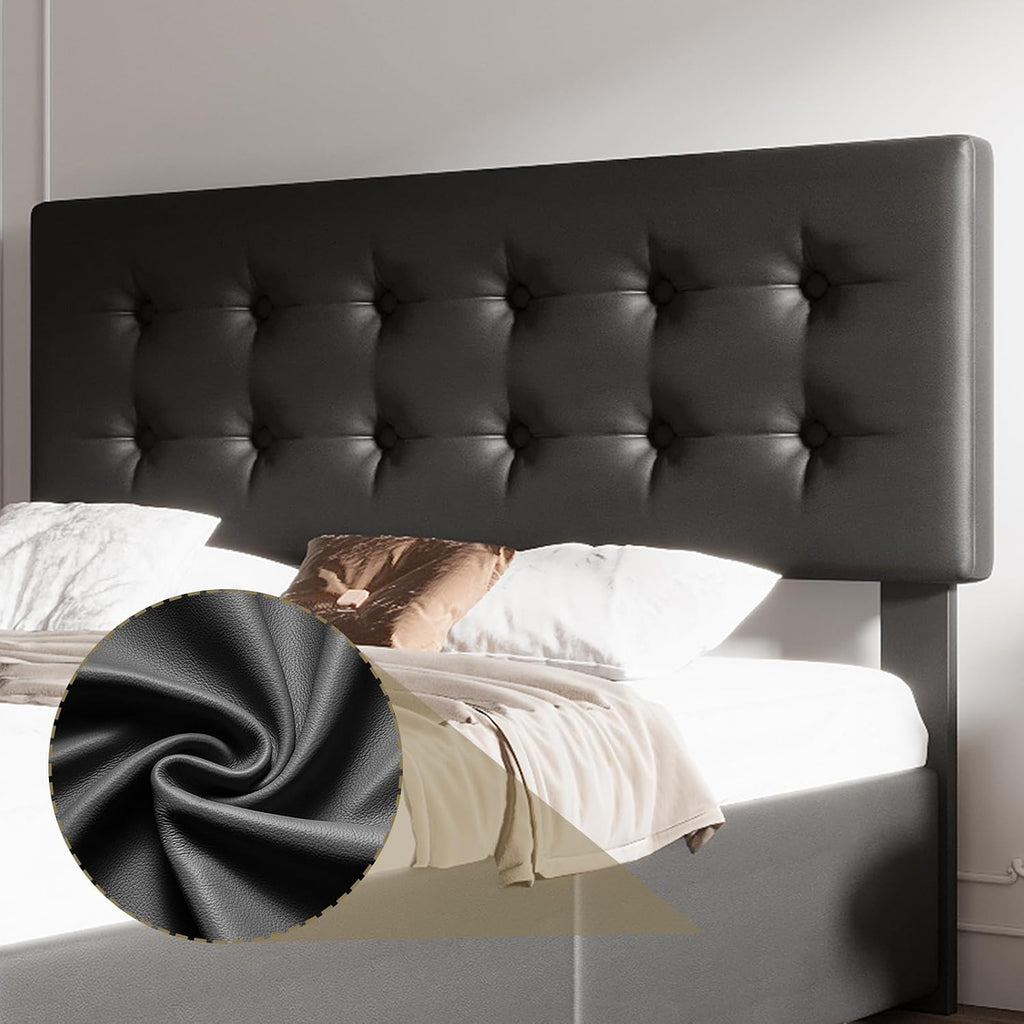 Full Size Platform Bed Frame with 4 Storage Drawers & Headboard, Faux Leather Upholstered, Button Tufted Design, Wooden Slats Support, Noise-Free Mattress Foundation, No Box Spring Needed, Black