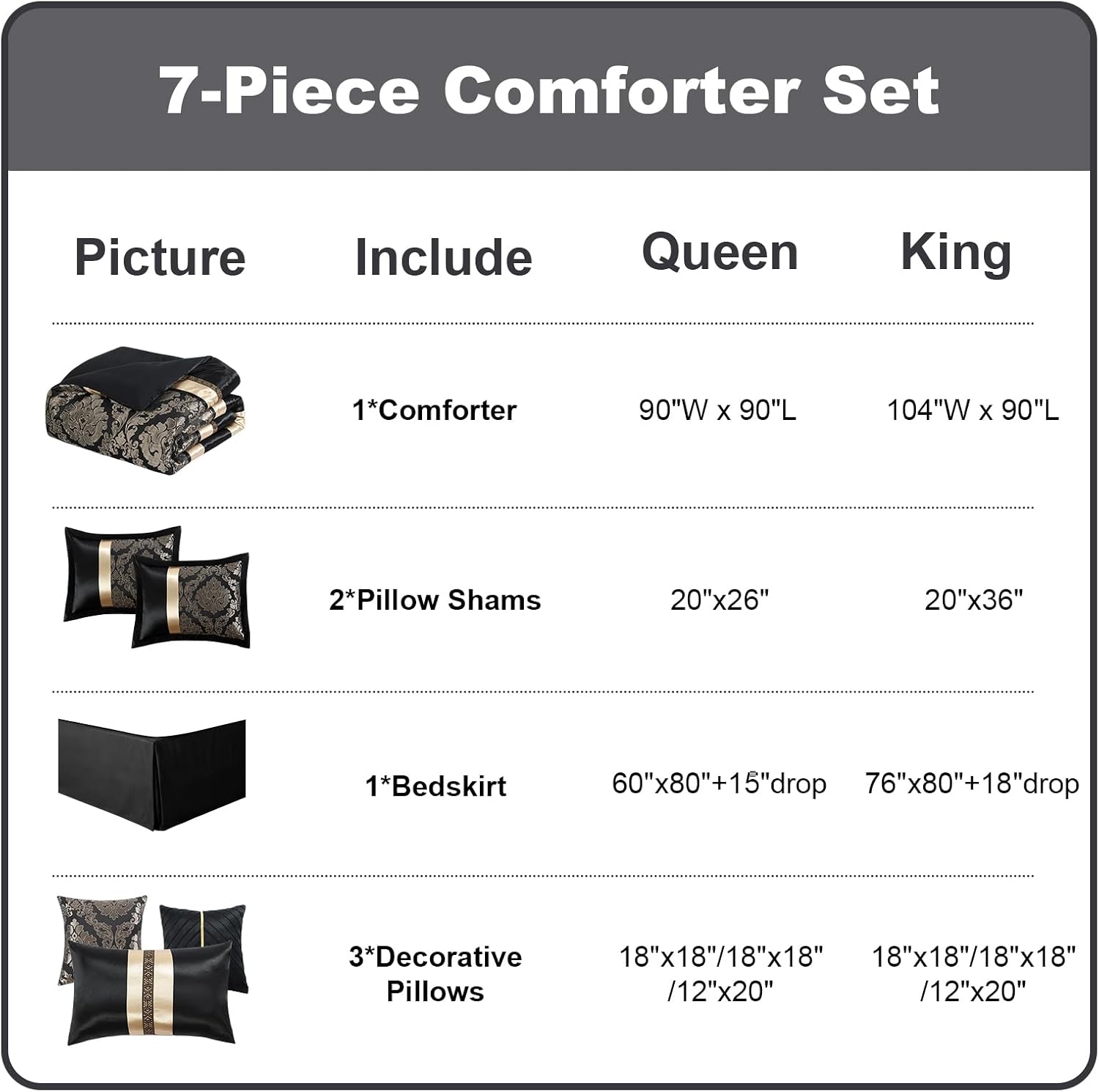 PANGUSHAN 7 Pieces Comforter Set Queen Size, Luxury Silky Elegant Jacquard Fluffy Reversible Bedding Set with Bed Skirt, Shams and Pillows, Bed in a Bag Queen, Down Alternative, Black/Gold