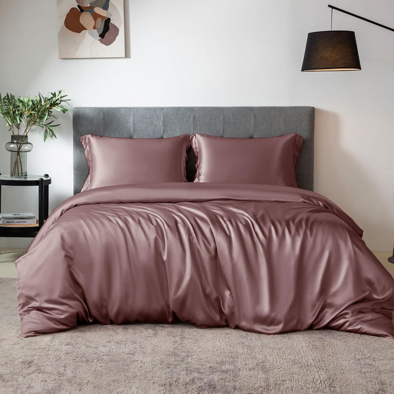 THXSILK 100% Silk Sheet Set, 7A+ Silk Sheet Set Soft Breathable, Luxury Bedding (1 Duvet Cover, 1 Fitted Sheet, 2 Pillow Shams), King, Purple