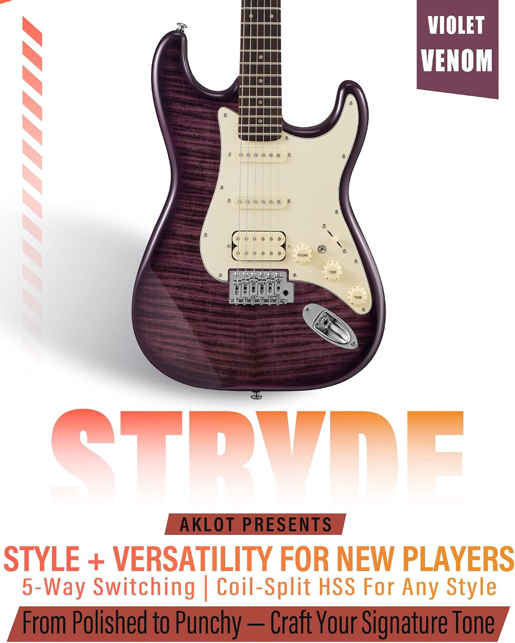 AKLOT Beginner Electric Guitar Kit: 10W Amp, Coil-Split HSS Pickups, Lesson Book, Roasted Maple Neck, Gig Bag, Tuner, Strap, Picks, Stryde Violet Venom