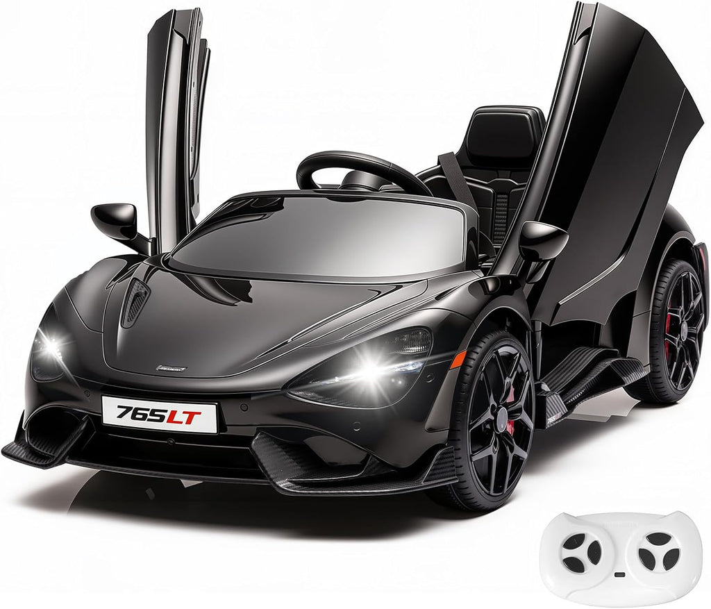 Kids Ride-on Car Licensed McLaren765LT for 3-6Years Old, Electric car 12V Battery Powered Electric Vehicle, w/Parent Remote, Music Player, LED Lights, Smooth Start, 3 Speeds, (Black)