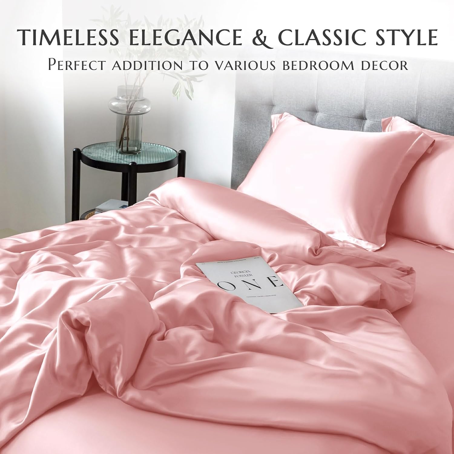 THXSILK 100% Silk Sheet Set, 7A+ Silk Sheet Set Soft Breathable, Luxury Bedding (1 Duvet Cover, 1 Fitted Sheet, 2 Pillow Shams), King, Charming Pink