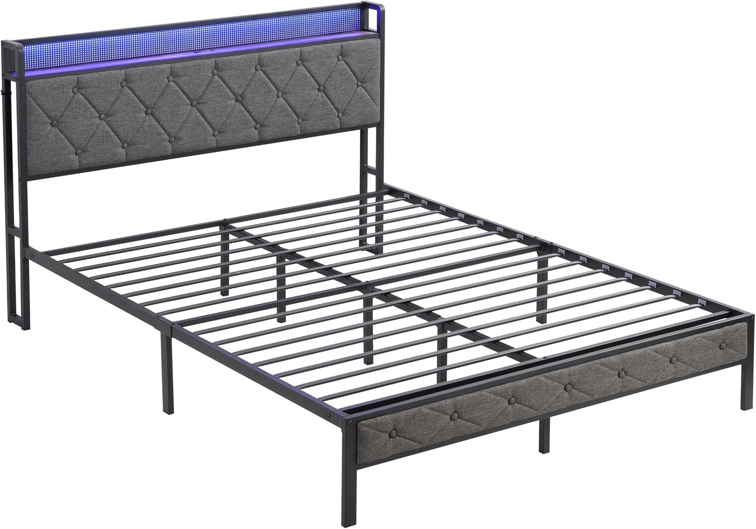 Full Size Bed Frames with Storage Headboard, LED Platform Bed Frame Full Size, Upholstered Bed Frame with Charging Station, No Box Spring Needed, Easy Assembly,Dark Gray